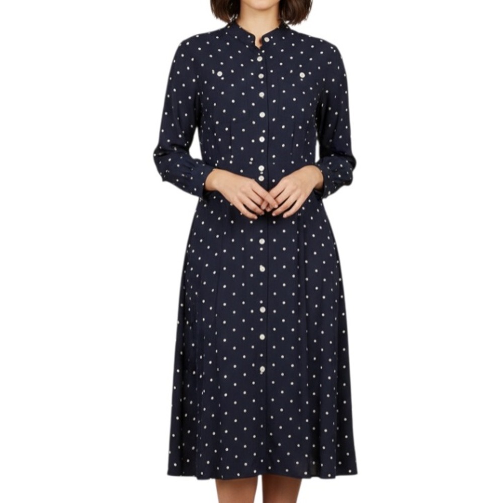 VTG LIZ CLAIBORNE PETITE Crepe NAVY/POLKA DOT Pleated BUTTON-UP SHIRT DRESS 12P